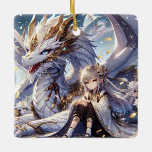 Anime Girl und White and Gold Dragon Keramikornament