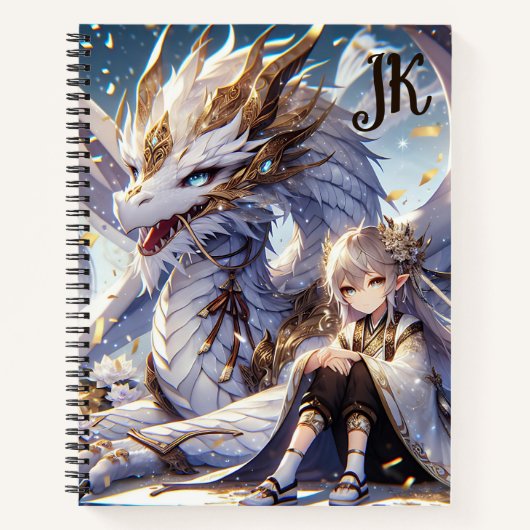 Anime Girl und White and Gold Dragon Mit Monogramm Notizblock (Vorderseite)
