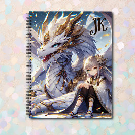 Anime Girl und White and Gold Dragon Mit Monogramm Notizblock