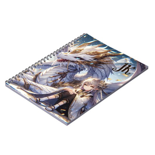 Anime Girl und White and Gold Dragon Mit Monogramm Notizblock (Linke Seite)