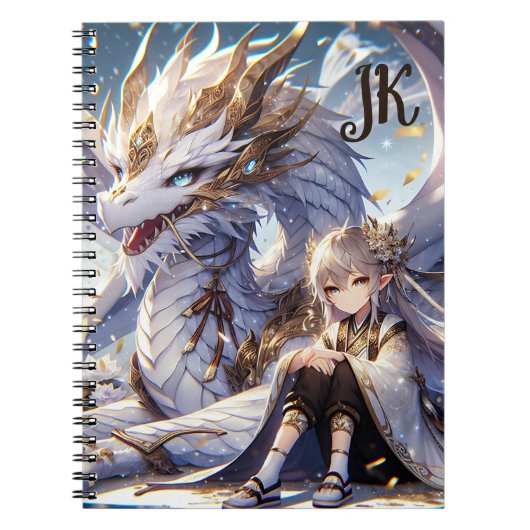 Anime Girl und White and Gold Dragon Mit Monogramm Notizblock (Vorderseite)