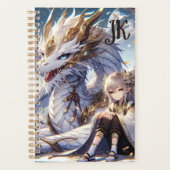 Anime Girl und White and Gold Dragon Mit Monogramm Planer (Vorderseite)