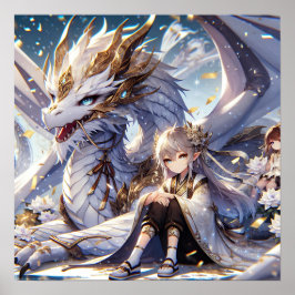 Anime Girl und White and Gold Dragon Poster