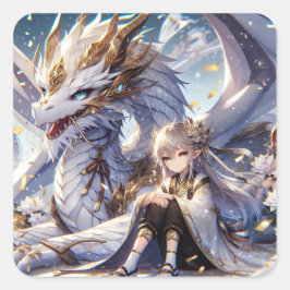 Anime Girl und White and Gold Dragon Quadratischer Aufkleber