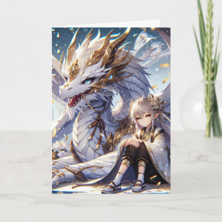 Anime Girl und White and Gold Dragon zum Geburtsta Karte