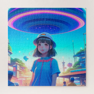 Anime Girl unter einem UFO in der Stadt Puzzle