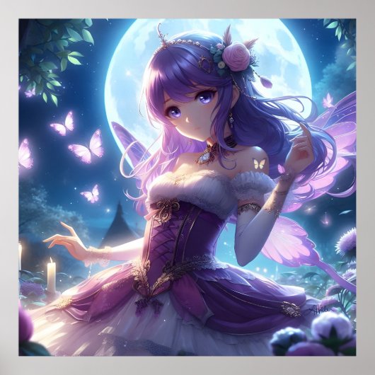 Anime Girl Violet Butterfly Wing Moon Fairy Poster (Vorne)
