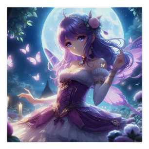 Anime Girl Violet Butterfly Wing Moon Fairy Poster
