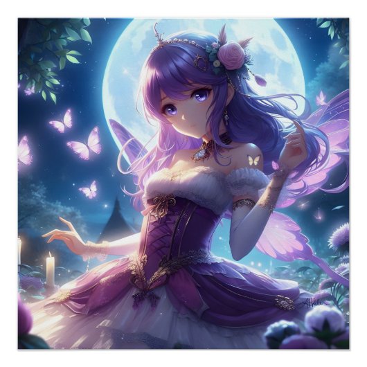 Anime Girl Violet Butterfly Wing Moon Fairy Poster (Vorderseite)
