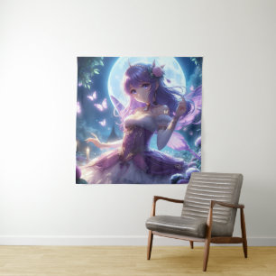 Anime Girl Violet Butterfly Wing Moon Fairy Wandteppich