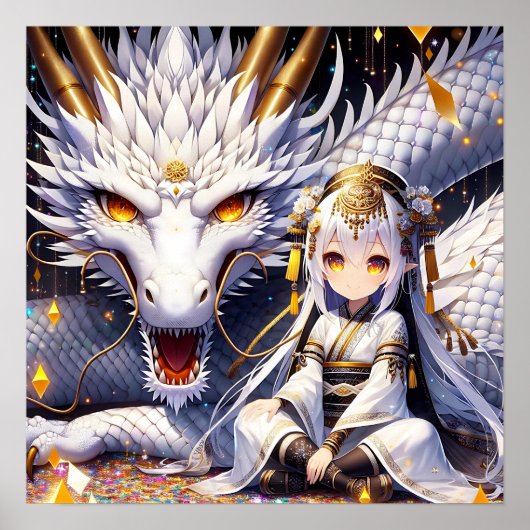 Anime Girl Warrior und Dragon Ai Art Poster (Vorne)