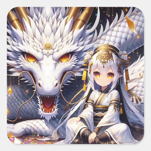 Anime Girl Warrior und Dragon Ai Art Quadratischer Aufkleber (Vorderseite)