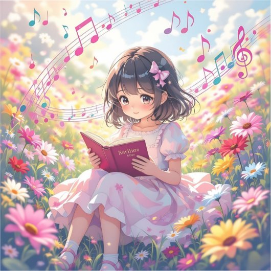 Anime Girl with Book and Musical Notes Aufkleber (Vorderseite)
