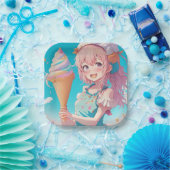 Anime Girl with Whimsical Ice Cream Cone Birthday Pappteller (Party)