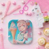 Anime Girl with Whimsical Ice Cream Cone Birthday Pappteller (Party)