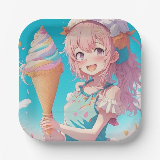 Anime Girl with Whimsical Ice Cream Cone Birthday Pappteller (Vorderseite)
