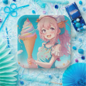 Anime Girl with Whimsical Ice Cream Cone Birthday Pappteller (Party)