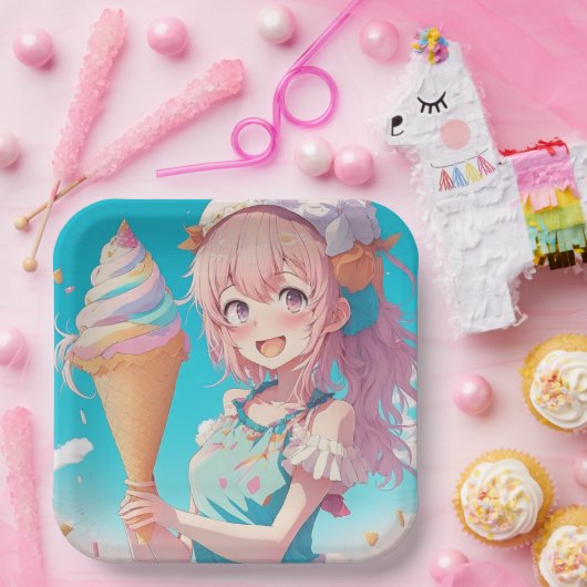 Anime Girl with Whimsical Ice Cream Cone Birthday Pappteller (Party)
