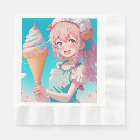 Anime Girl with Whimsical Ice Cream Cone Birthday Serviette (Vorderseite)