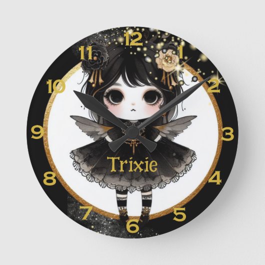Anime Girls Kawaii Goth Chibi Decor Black Gold Runde Wanduhr (Vorderseite)