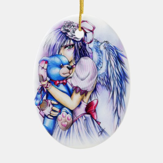 Anime Gothic Pink Angel Girl with Teddy Keramik Ornament (Vorne)