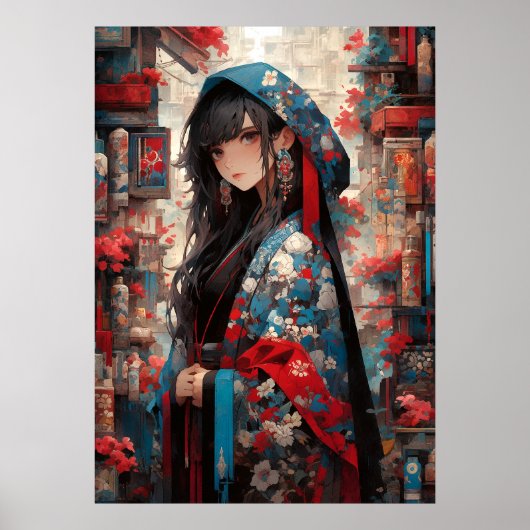Anime Grace of the Sakura: Elegant im Kimono Poster (Vorne)