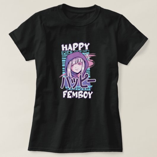 Anime Happy Femboy mit Happy in japanisch - Niedli T-Shirt (Design vorne)