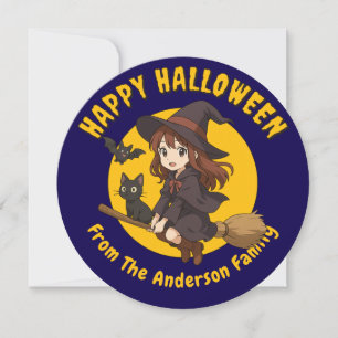 Anime Hexe & Cat auf Broom Halloween Feiertagskarte