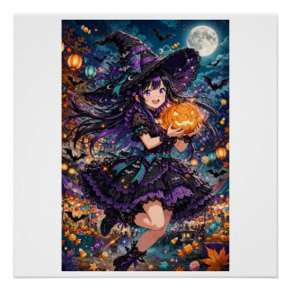 Anime-Hexenmädchen-Halloween-Illustration Poster