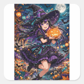 Anime-Hexenmädchen-Halloween-Illustration Quadratischer Aufkleber