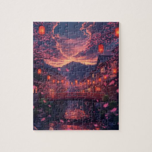 Anime Japanese Town at Sunset Puzzle – Cherry Blos (Vertikal)