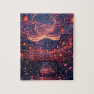 Anime Japanische Stadt bei Sonnenuntergang Puzzle 