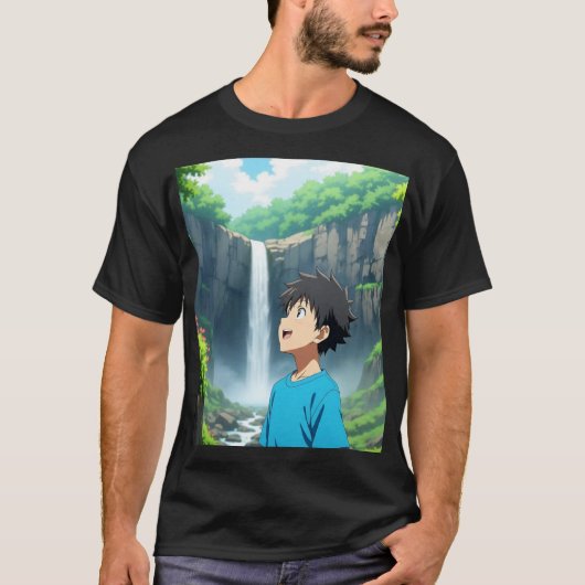 Anime-Junge bewundert Wasserfall in einer wundersc T-Shirt (Vorderseite)