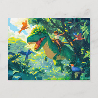 Anime-Junge, der auf T-Rex im Dschungel und bei Vö Feiertagspostkarte