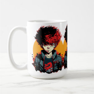 Anime-Junge: Illustration mit roten und schwarzen  Kaffeetasse