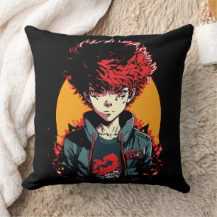 Anime-Junge: Illustration mit roten und schwarzen  Kissen