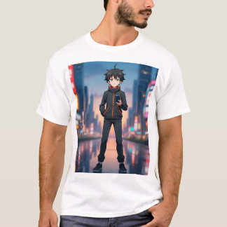 Anime-Junge in einer Neonstadt bei Nacht – Cooler  T-Shirt