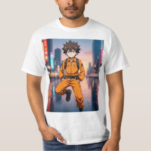 Anime-Junge in orangem Outfit läuft T-Shirt