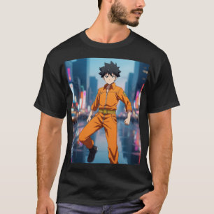 Anime-Junge in orangem Overall beim Laufen in eine T-Shirt