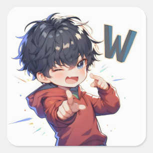 Anime-Junge mit Buchstabe W Quadratischer Aufkleber