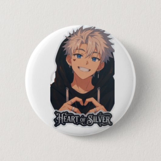 Anime-Junge mit silbernem Herzen - Süße Ästhetik Button (Vorderseite)