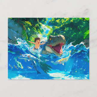 Anime-Junge schwimmt mit Dinosaurier im Meer Feiertagspostkarte