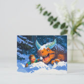 Anime-Junge spielt Dinosaurier-Schneetag Feiertagspostkarte (Stehend Vorderseite)