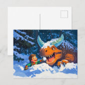 Anime-Junge spielt Dinosaurier-Schneetag Feiertagspostkarte (Vorne/Hinten)