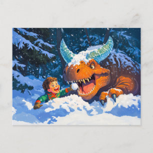 Anime-Junge spielt mit Dinosaurier an einem schnee Feiertagspostkarte