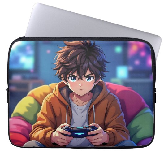 Anime-Junge spielt Videospiel  Laptopschutzhülle (Vorderseite)
