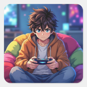 Anime-Junge spielt Videospiel Quadratischer Aufkleber