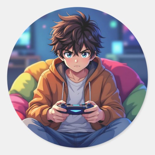 Anime-Junge spielt Videospiel  Runder Aufkleber (Vorderseite)