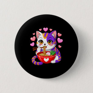 Anime-Katze isst Ramen-Nudeln mit Herzen Lustiges Button