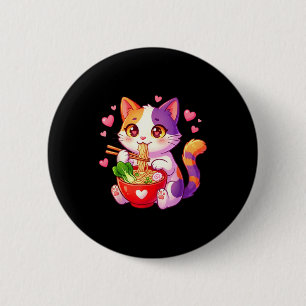 Anime-Katze isst Ramen-Nudeln mit Herzen Lustiges Button